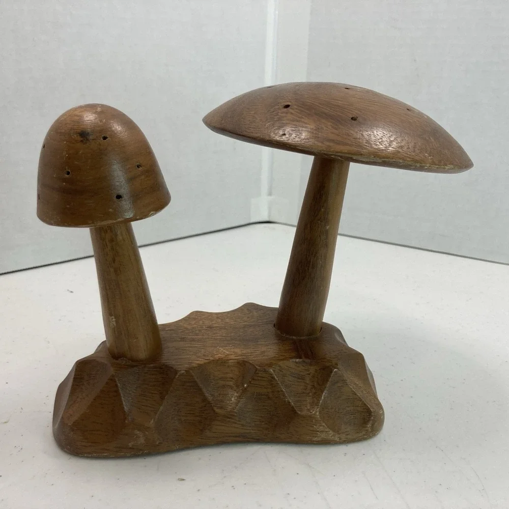 Vtg Mushroom MCM Monkey Pod Wood Tree Philippines 60s Appetizer Toothpick Holder